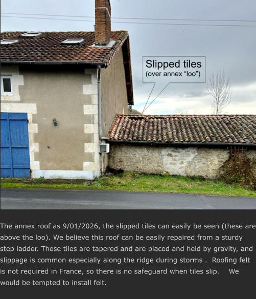 The annex roof as 9/01/2026, the slipped tiles can easily be seen (these are above the loo). We believe this roof can be easily repaired from a sturdy step ladder. These tiles are tapered and are placed and held by gravity, and slippage is common especially along the ridge during storms .  Roofing felt is not required in France, so there is no safeguard when tiles slip.    We would be tempted to install felt.